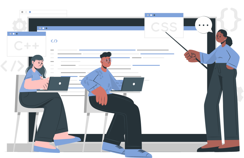 Teacher and students discuss coding animation